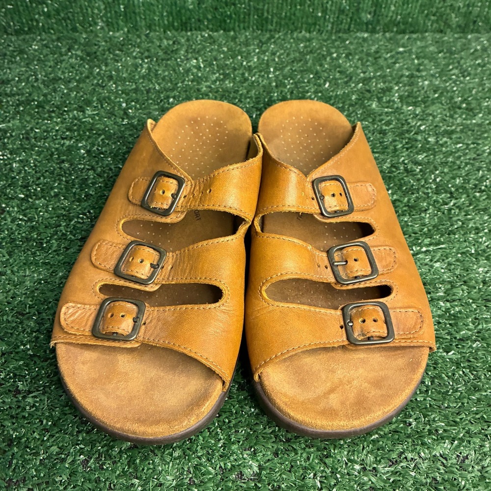 SAS Shelly Triple Buckle Leather Comfort Slide Sandal Mustard Tan Womens 8 Wide